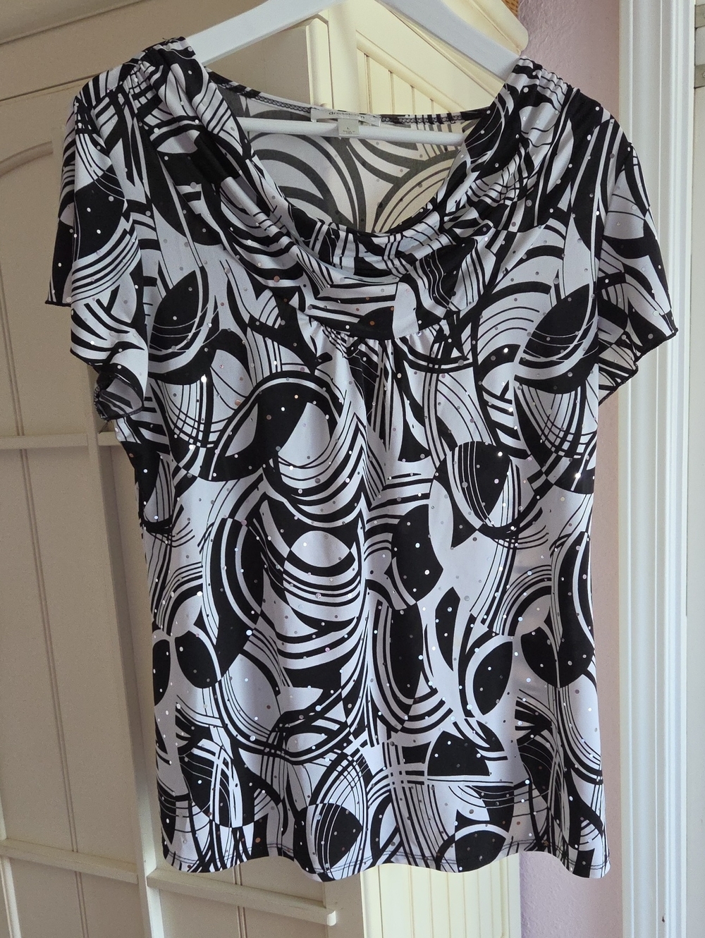 dressbarn Black & White Abstract Cowl Neck Blouse